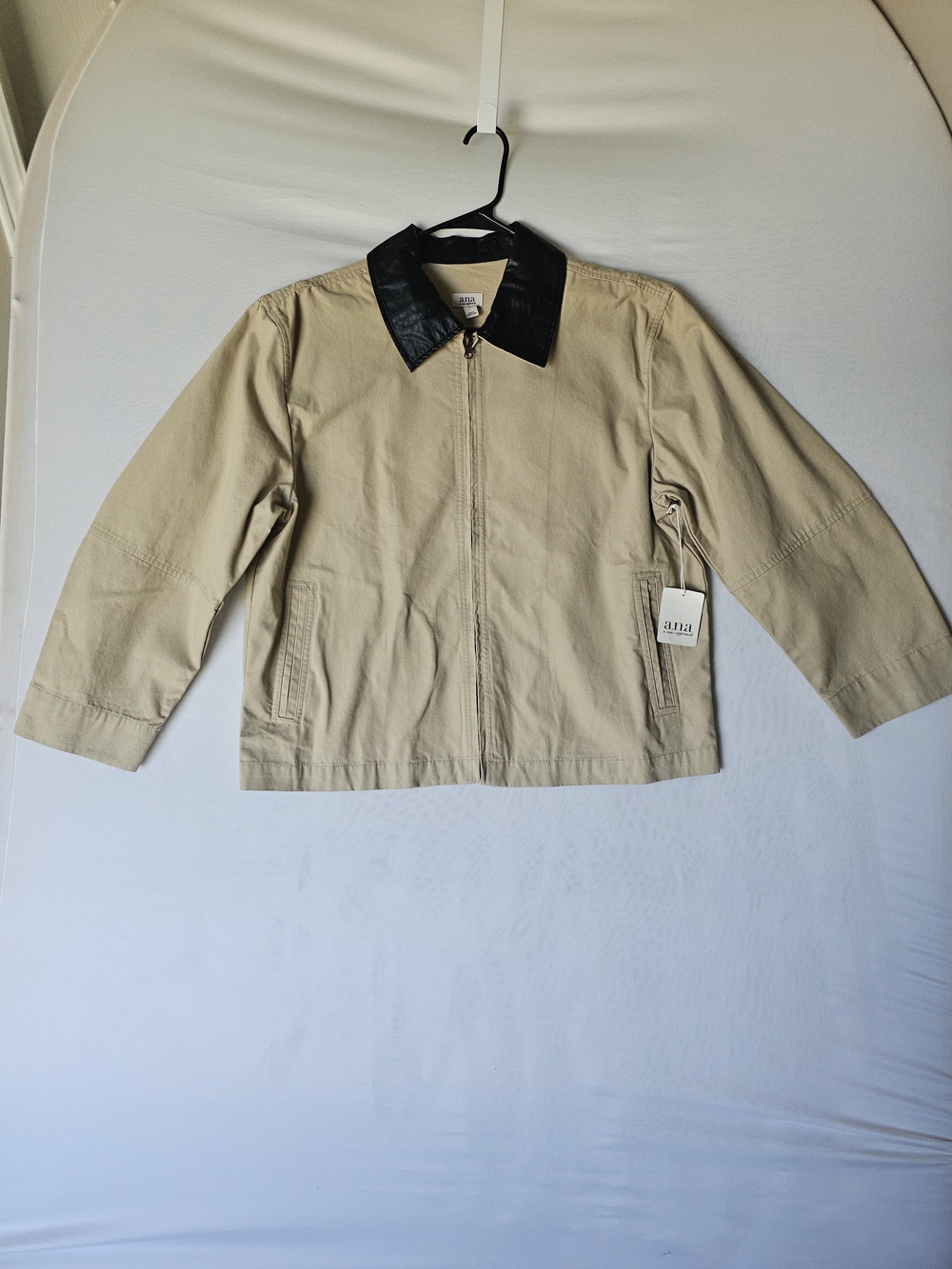 a.n.a a new approach Beige Cotton Full Zip Jacket Coat Faux Leather Collar L NWT